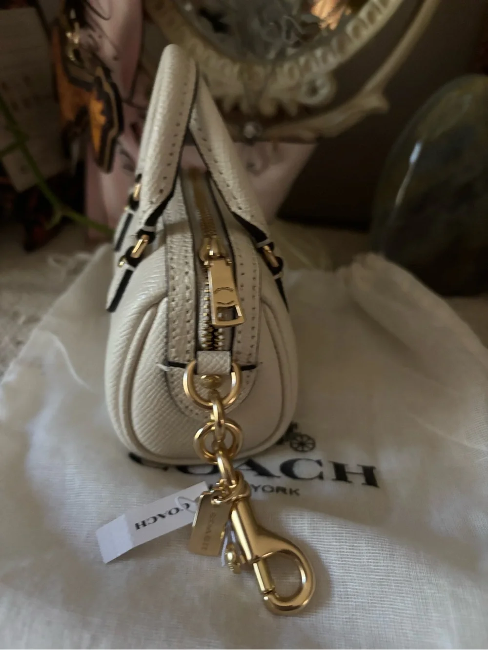 Coach Mini Rowan Bag Charm in Chalk with Gold Hardware